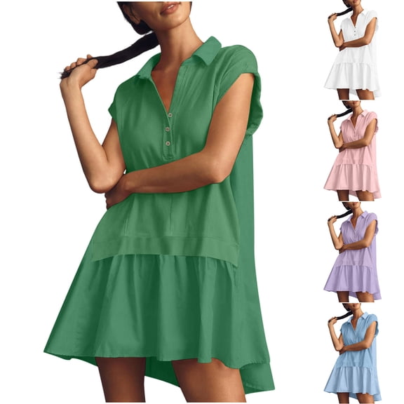 YHAJDS Women's Plus Size Dresses Short Sleeve Solid Color Shirt Collar Sweatshirt Casual