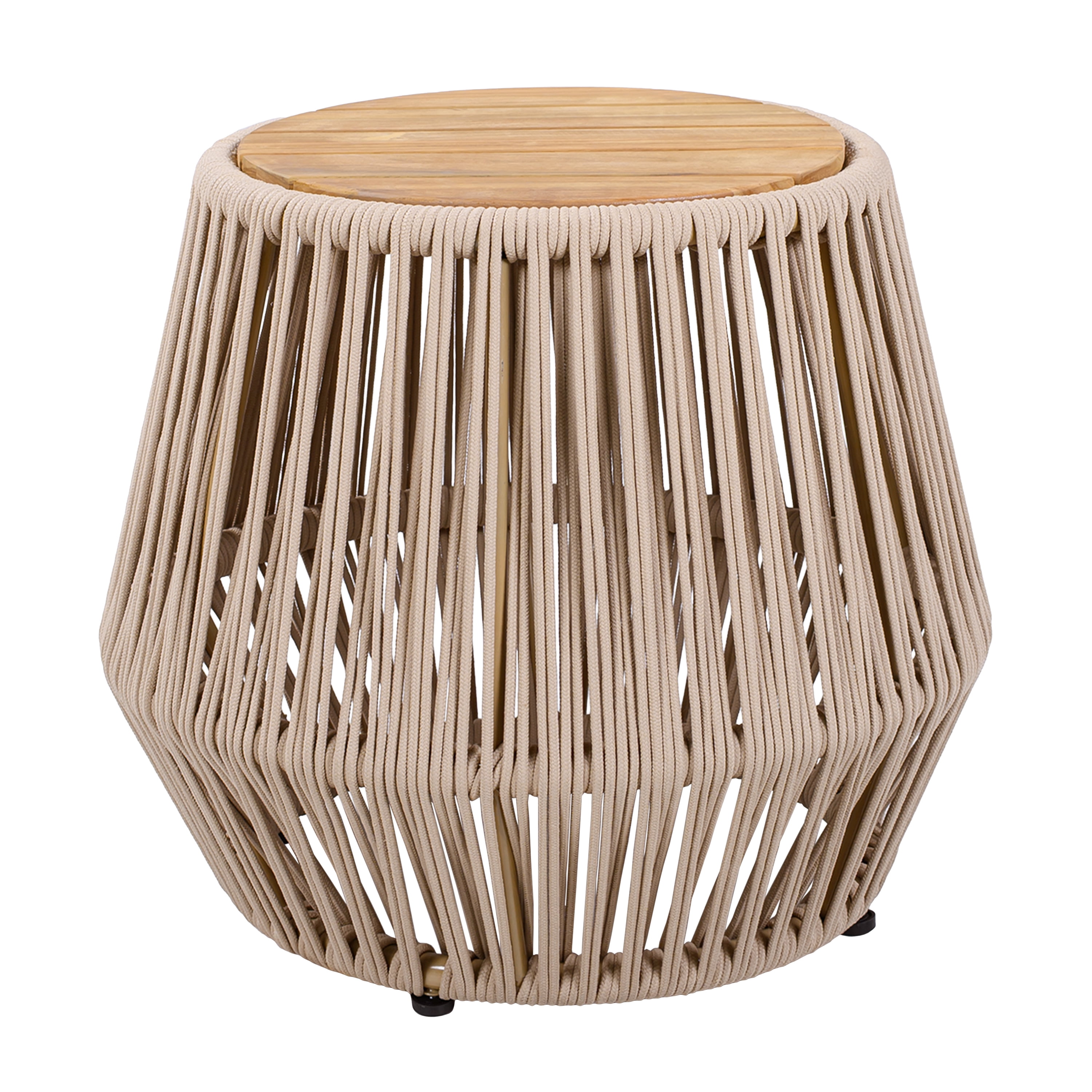 Side Table, Outdoor Acacia Wood Table with Beige Rope Base for Patio Balcony Garden, Teak
