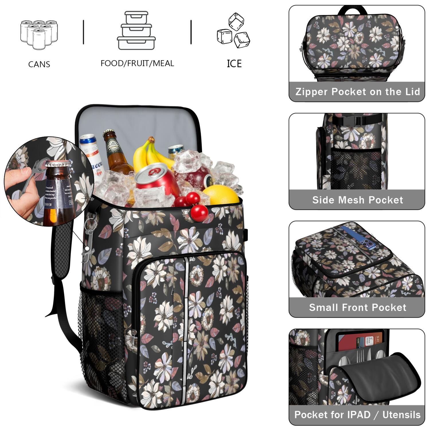 Travel Cooler Bag - Pioneer Flower Floral Print Pattern Camping Beer Cooler Backpack with Bottle Opener- Waterproof Insulated Picnic Backpacks - Cooler Bag for Beach