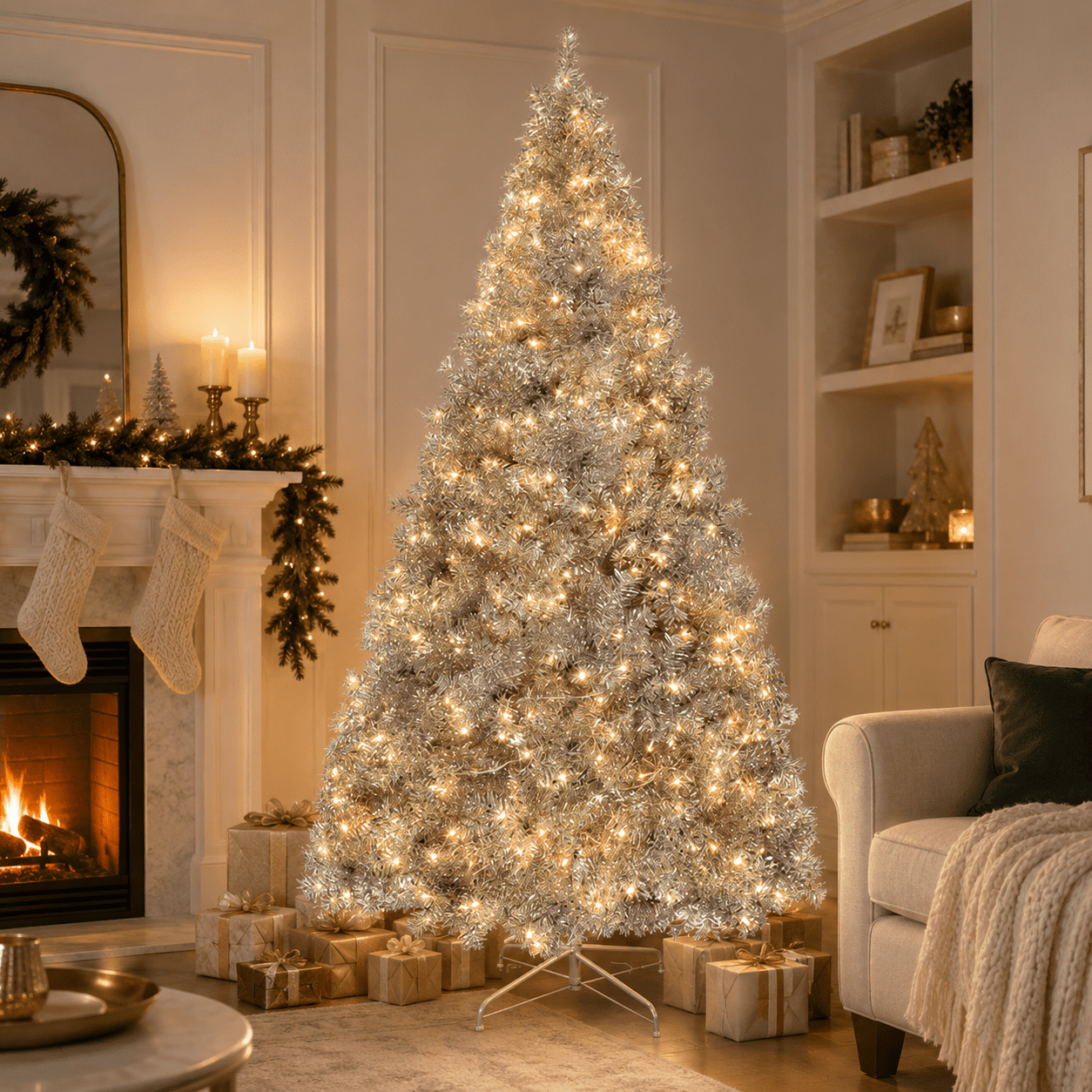 Alvantor 6 ft Pre-Lit Artificial Christmas Tree with 300 Warm White LED Lights and Remote Control, Indoor Christmas Decorations, Silver