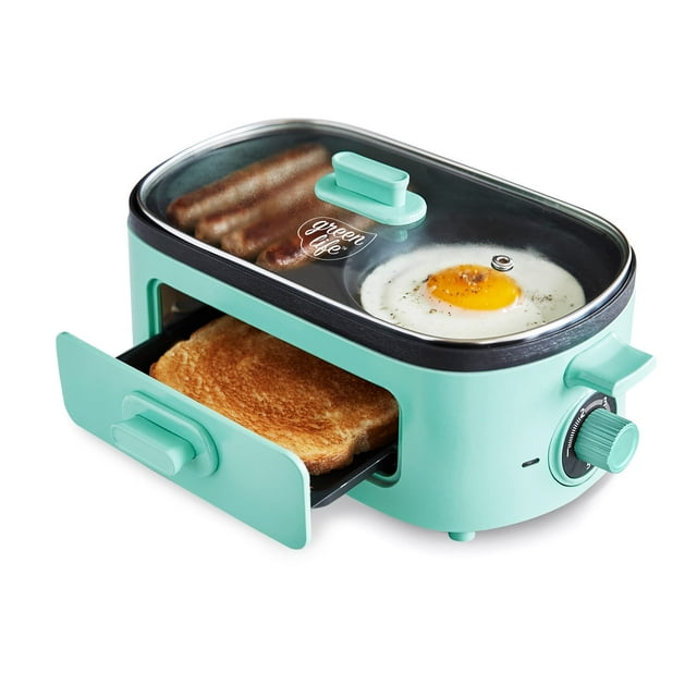 GreenLife - Estación de desayuno 3 en 1, placa doble antiadherente de cerámica saludable para huevos, salchicha de carne, tocino, panqueques y sándwiches de desayuno, cajón de tostadas de 2 rebanadas,