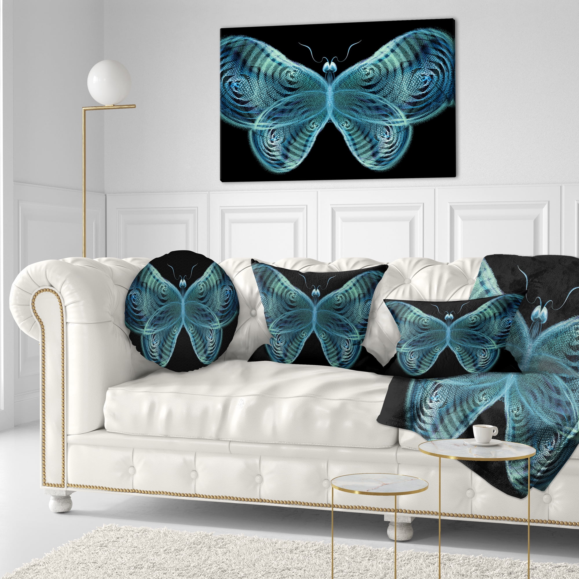 Designart Light Blue Fractal Butterfly in Dark - Abstract Throw Pillow - 12x20