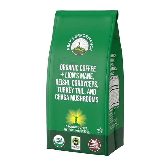 Peak Performance Mushroom Coffee - Organic Low Acid Coffee with Lion's Mane, Reishi, Cordyceps, Turkey Tail and Chaga - 10 Ounce Bag