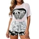 thumbnail image 2 of Traje de baño de 2 piezas para mujer, trajes de baño para mujer, traje de baño casual de mujer para vacaciones, estampado de malla, manga corta, cintura alta, pantalones planos, conjunto de traje de b, 2 of 9