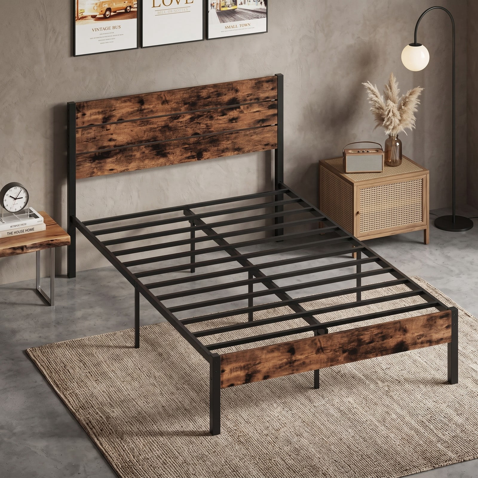 Furnibear Queen Size Bed Frame Metal Platform Bed with High Wood Headboard and Mute Bar, Heavy Duty No Box Spring Needed, Rustic Brown and Black