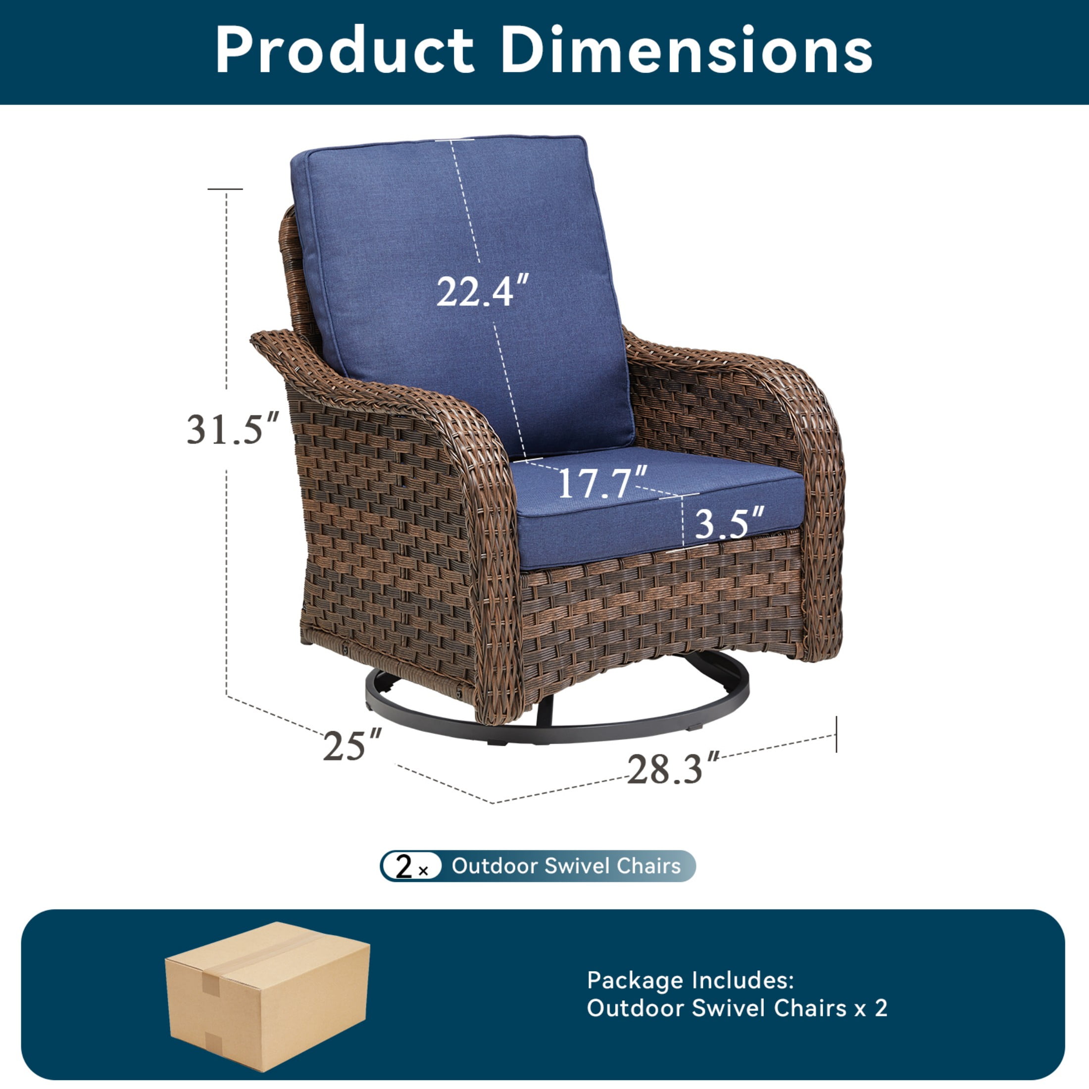 Unnifurnzi Outdoor Swivel Rocker Patio Chairs-High Back Outdoor Rocking Chairs Set of 2 All Weather Wicker Patio Chairs for Porch Balcony Deck-Brown/Blue