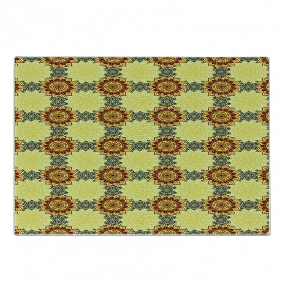 Mandala Cutting Board, Vibrant Yellow Mandala with Floral Framework Petals Boho, Decorative Tempered Glass Cutting and Serving Board, Small Size, Yellow Black Ruby, by Ambesonne