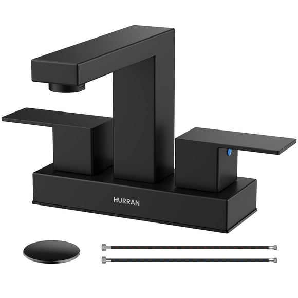 Robinet de Lavabo Noir Mat, Hurran 4 Pouces Robinets de Salle de Bain pour Lavabo 3 Trous avec Conduites de Vidange et d'Alimentation, Robinet en Acier Inoxydable à 2 Poignées