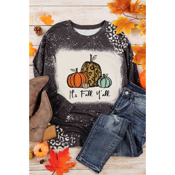 ABPHQTO Top de manga larga con estampado gráfico de calabaza de leopardo negro It's Fall Y'all para mujer