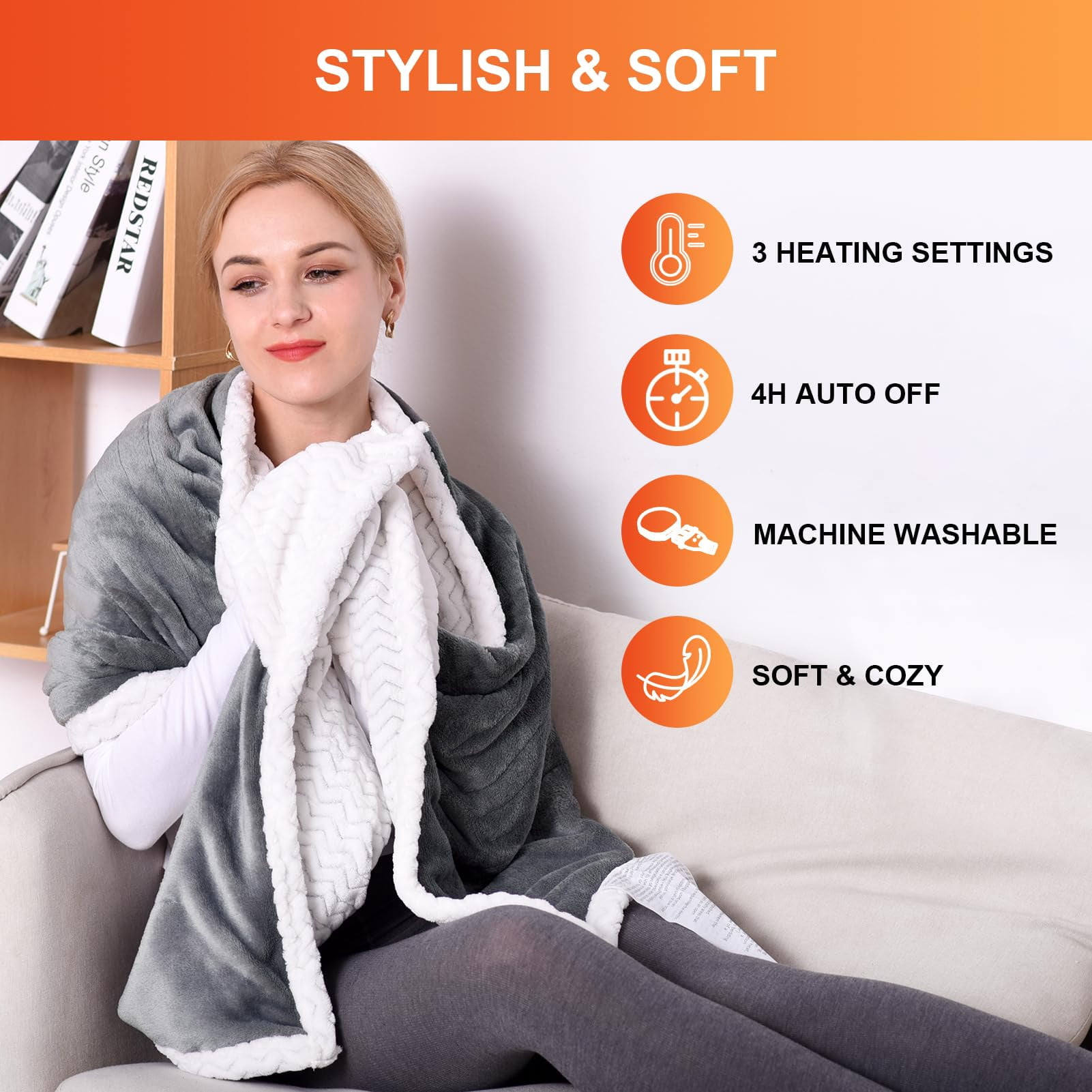 Comfytemp Wearable Heated Blanket 70"x23" - 3 Heat Levels, 4H Auto-Off, Overheat Protection, Machine-Washable Electric Throw (Grey)