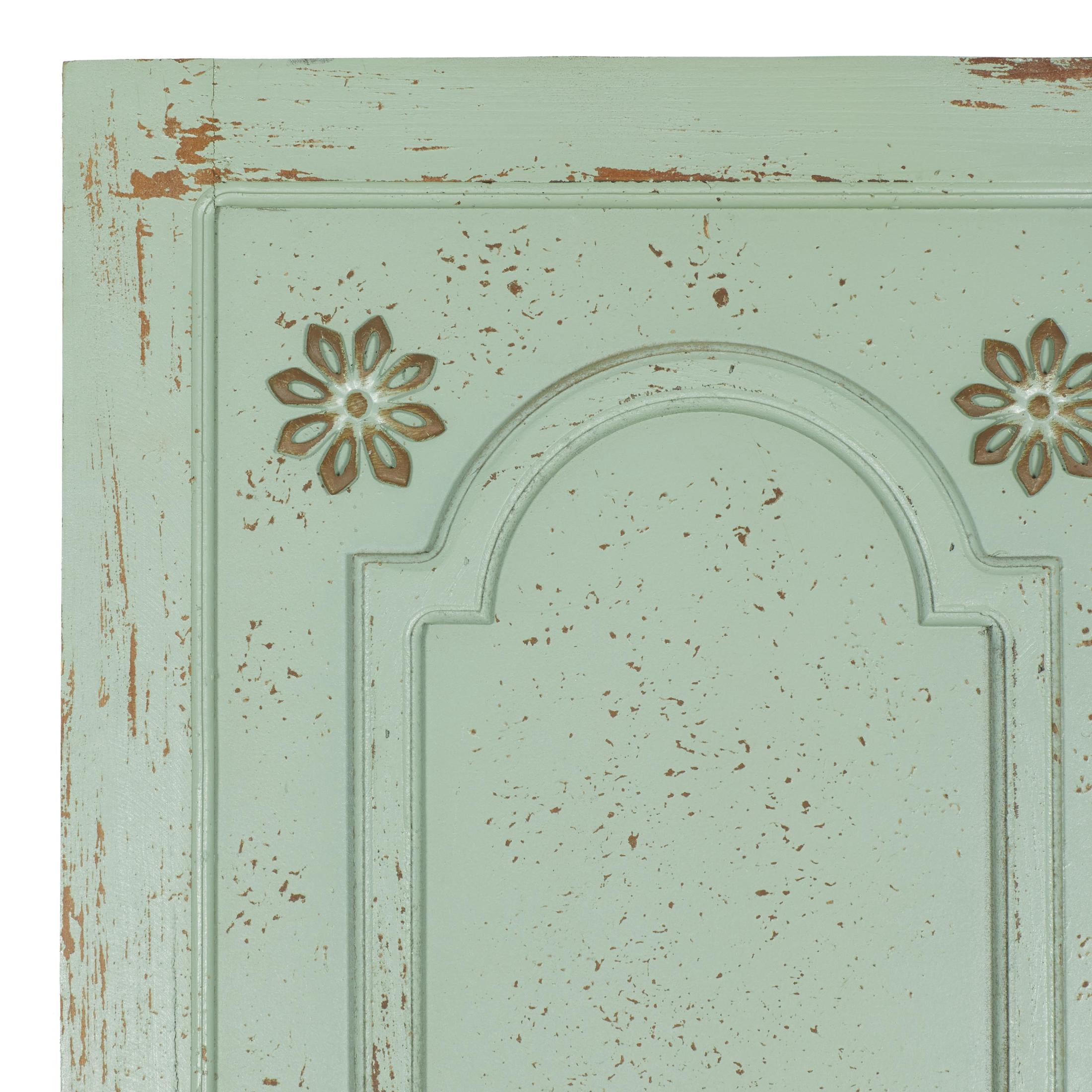 DecMode Green Wood Distressed Antique Door Panel Scroll Wall Decor