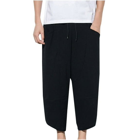 Busydd Mens Pants Below Knee Length Pants Loose Fit Lounge Trousers Elastic Waisted Drawstring 3/4 Wide Leg Pants Solid Color Cotton Linen Pants Casual Lightweight Pants with Pockets,Plus Size L-5XL
