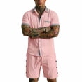 thumbnail image 2 of GUZOM Mens Pink Linen Blend Casual 2 Piece Set | Short Sleeve Shirt & Matching Shorts Summer Co-ord for Beach Vacation,Size M, 2 of 7