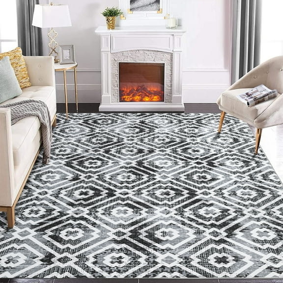 GlowSol Area Rug for Living Room Bedroom 8' x 10' Modern Geometric Distressed Area Rug Machine Washable Moroccan Non-Slip Stain Resistant Carpet, Gray