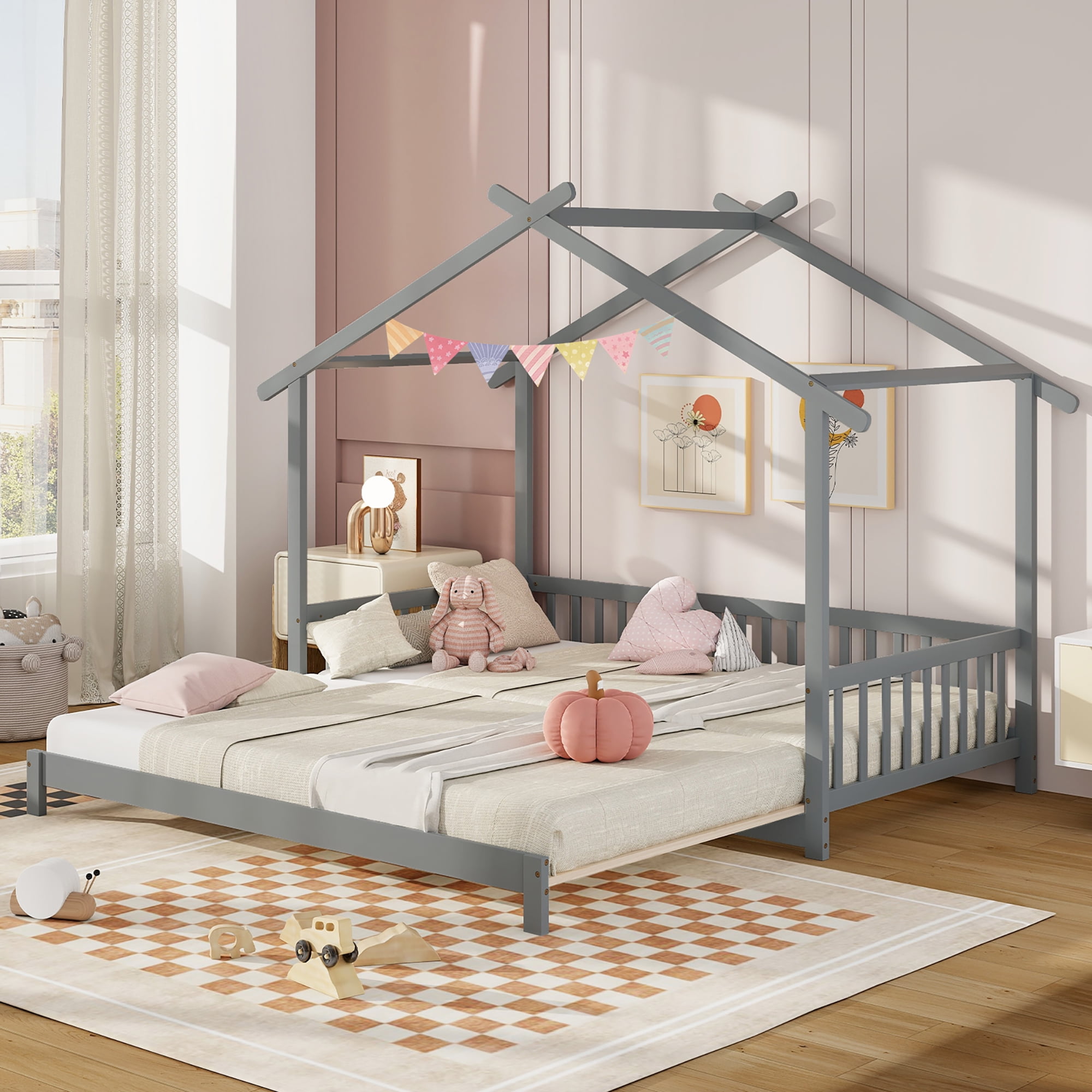 Gymax Wooden House Bed Twin to King Daybed w/ Safety Rails & Decorable Roof Gray