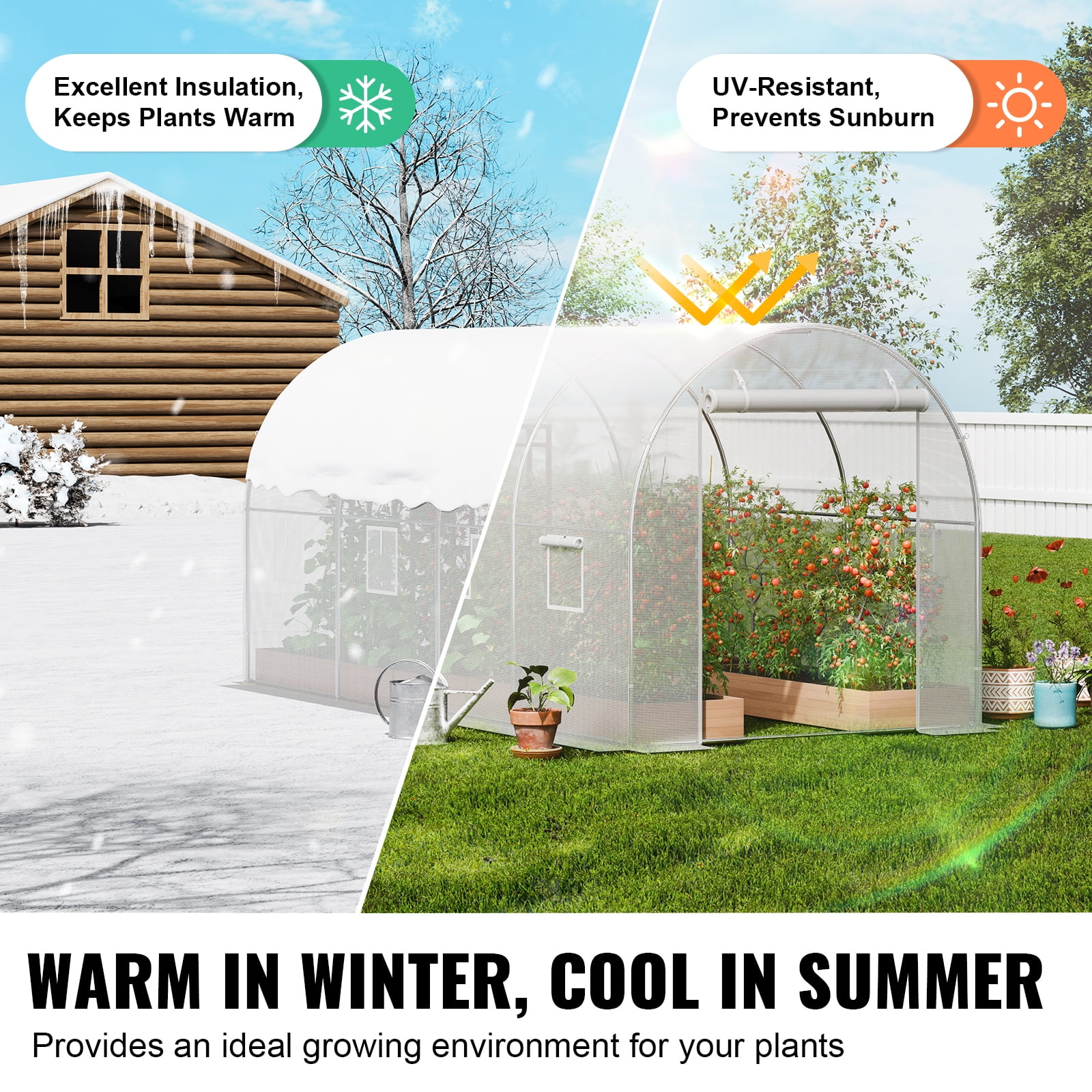 KFFKFF Walk-in Tunnel Greenhouse, 10x7x7 ft, Featuring a Durable Galvanized Steel Frame and White PE Covering, Equipped with a Roll-up Zipper Door and 6 Ventilation Windows
