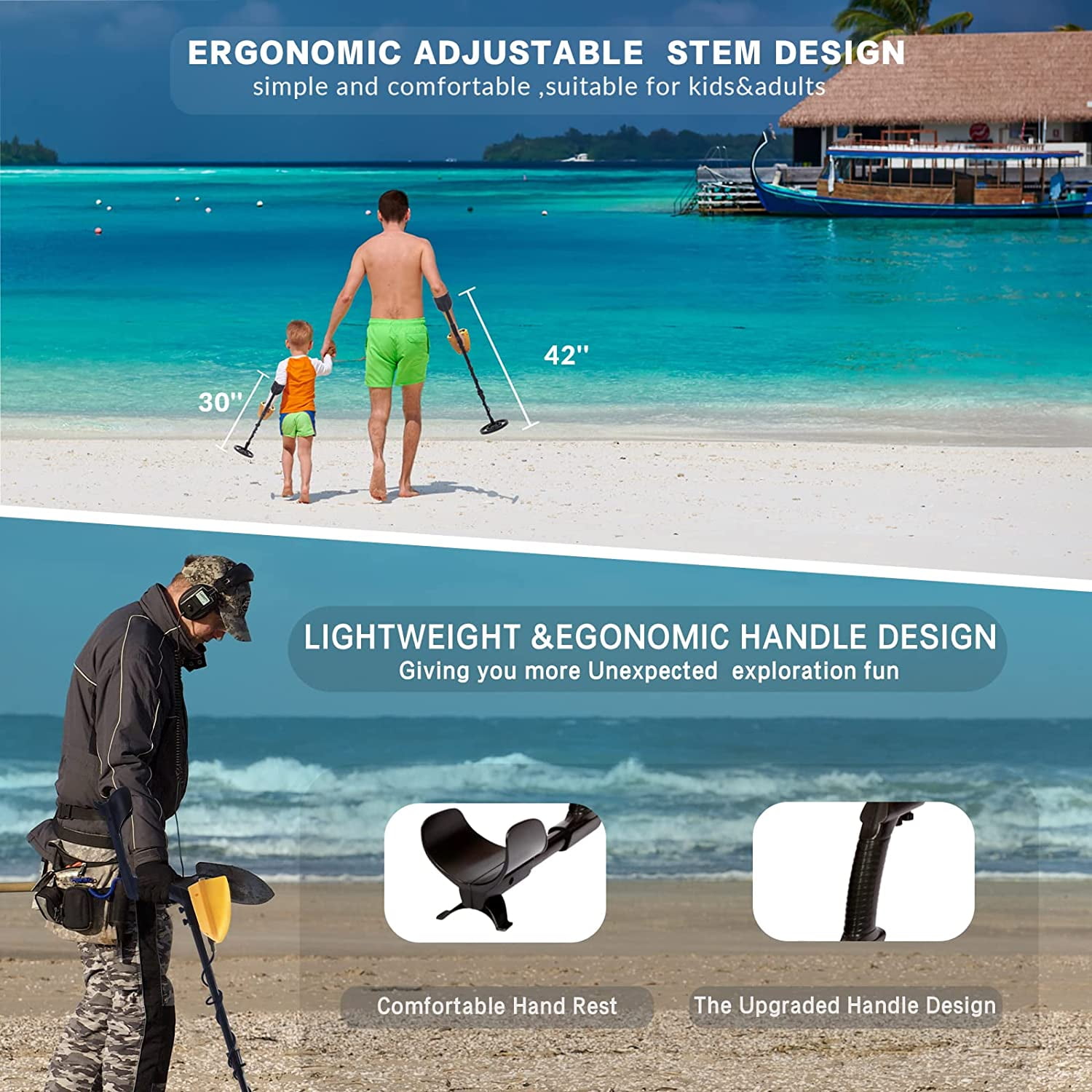 Vemingo Gold LCD Battery Metal Detector, with 33"-42" Adjustable Stem and 8" Waterproof Coil for Kids Adults