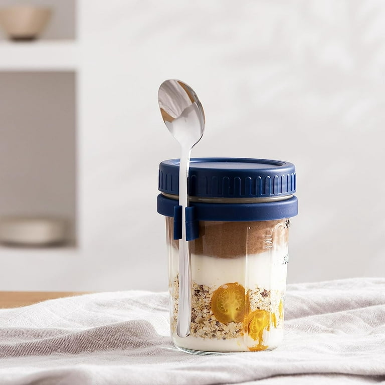 HBlife 4-Piece Overnight Oats Containers with Lids and Spoons, 16 oz Glass Mason Jars Oatmeal Cups Container for Overnight Oats, Size: 3.4L x 3.4W x