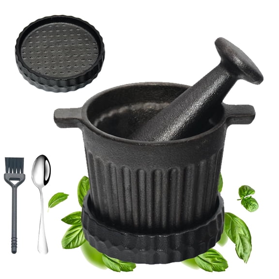 UKEMEN Cast Iron Mortar and Pestle Set, 3-Piece Small Garlic Grater Plate with Brush Scoop, Heavy Duty Muddler Bowl Grinder Set Perfect for Guacamole/Spices/Herbs/Solid/Metal/Glass/Rock