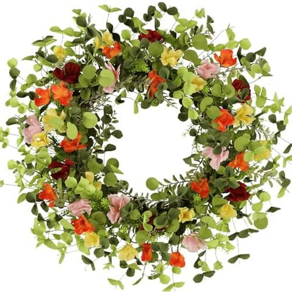 24 Inch Spring Wreath for Front Door, Summer Wildflower Wreath with Colorful Flowers & Eucalyptus, Artificial Year Round for Farmhouse Home Decor Indoor Outdoor