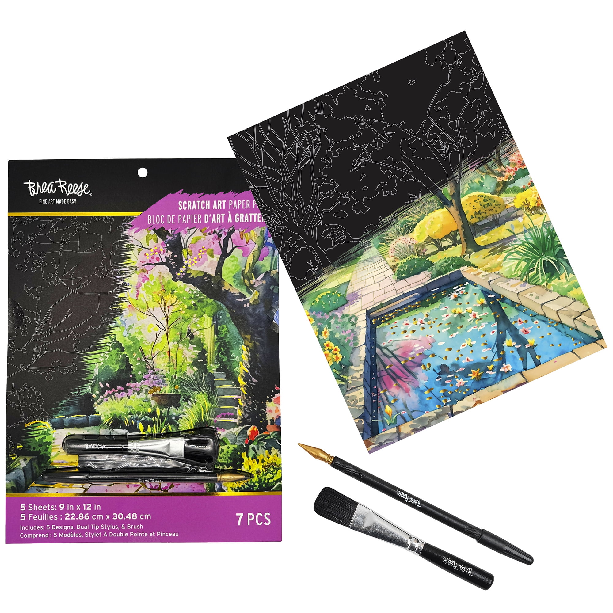 Brea Reese: Scratch Art Paper Pad - Garden Scenes - 5 Nature Designs, Metallic Foil, Dual-Tip Stylus & Brush, Easy-to-Frame 9x12" Pages, Adult Craft