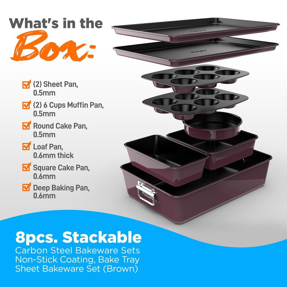 NutriChef 8-Piece Nonstick Stackable Bakeware Set W/ Non-Stick Coating, Brown