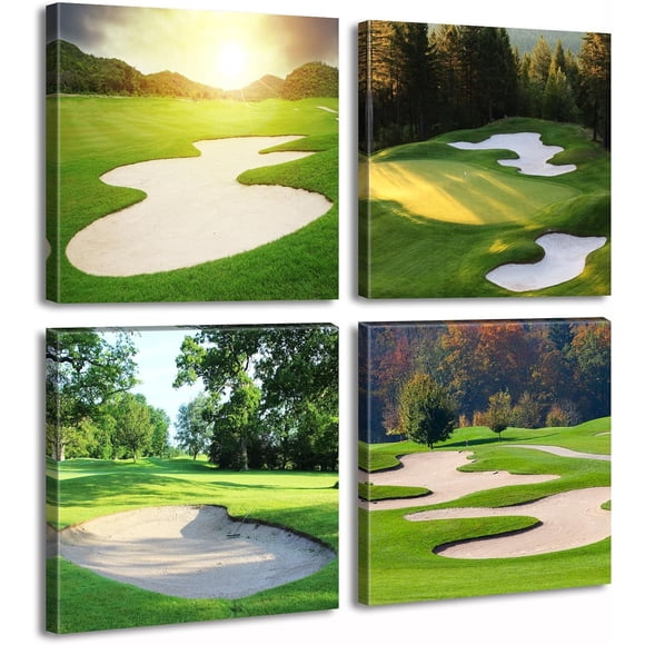 Golf Decor National Golf Course Wall Art Sport Poster Green Decor Canvas Print Sunrise Landscape Nature Picture for Home Office Men Bedroom Decoration Stretched and Framed Ready to Hang 12"X12"X4