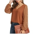 thumbnail image 3 of Gustave Chiffon Lantern Long Sleeve Blouse for Women V Neck Swiss Dot Tops Loose Casual Fashion Tee Shirts Tunic, Orange, M, 3 of 3