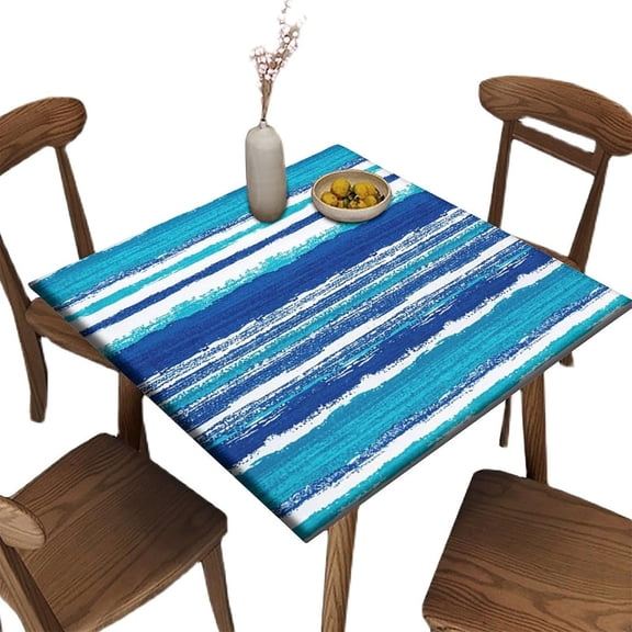 Square Fitted Elastic Edge Table Cloths, Blue Watercolor Stripes Polyester Table Cover, for Outdoor Patio and Indoor Kitchen Dining Party, Fit for 36" x 36" Square Table