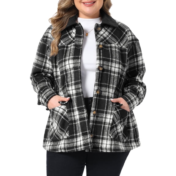 Agnes Orinda Women's Plus Size Halloween Outfits Plaid Flannel Shacket Contrast Corduroy Collar Button Down Long Sleeve Casual Jacket with Pocket 2X Black