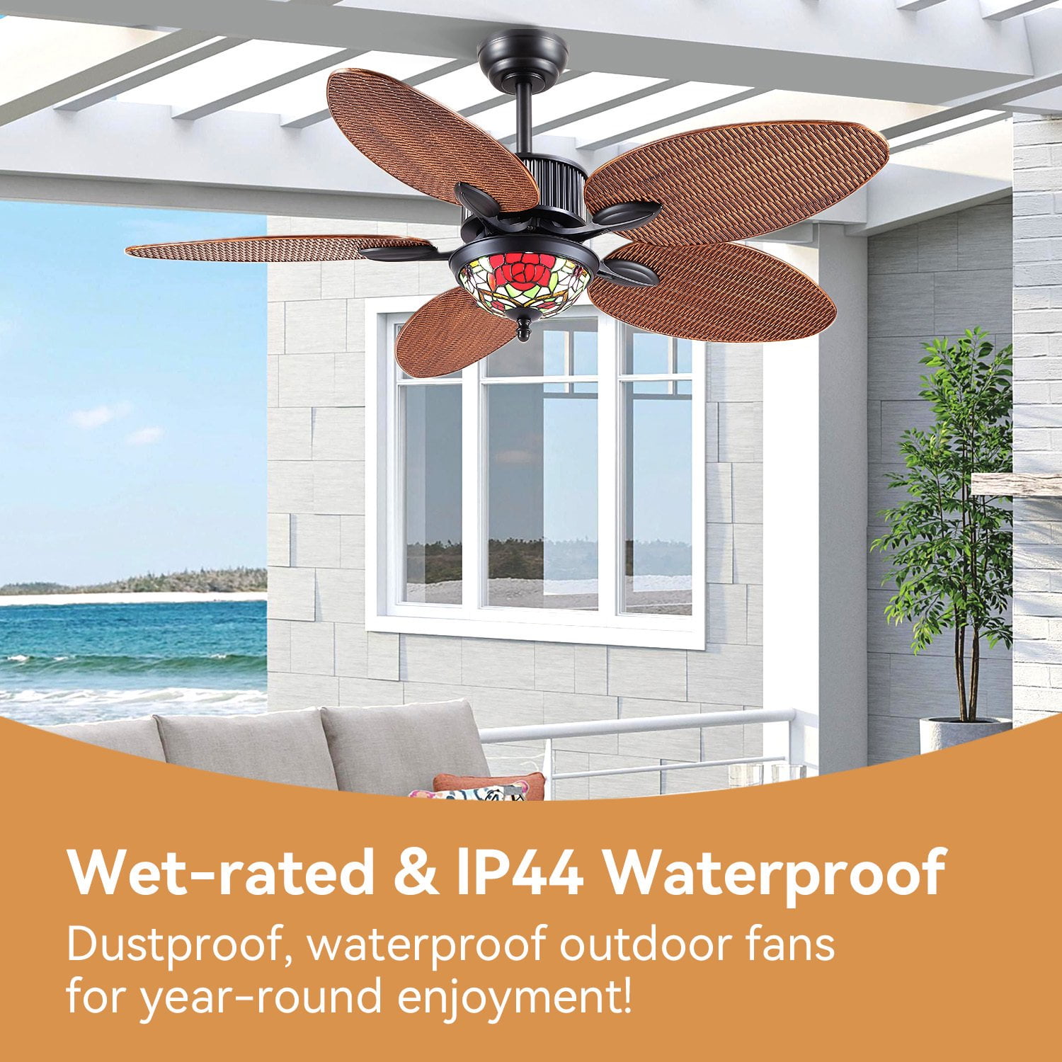 BayDay 48 Inch Tropical Ceiling Fan with Lights & Remote Control, APP Operable, 6 Speeds, Dimmable LED, Reversible Palm Leaf Fan for Bedroom, Living Room, Patio, Porch, Modern Black