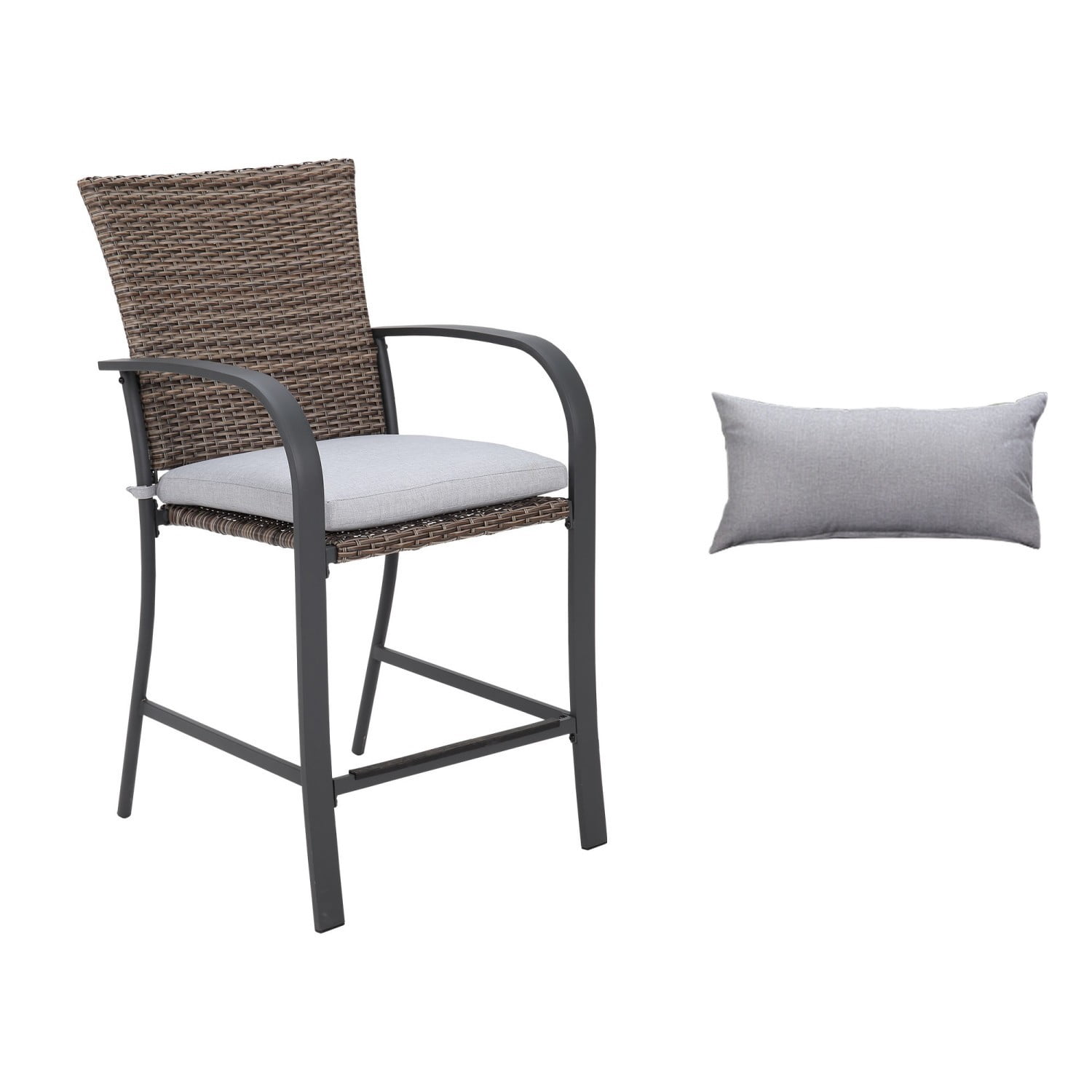 Outdoor Bar Stools Set of 2, Wicker Patio Bar Stool with Cushions & Lumbar Pillows, High Back Counter Height Chairs for Patio Deck Backyard