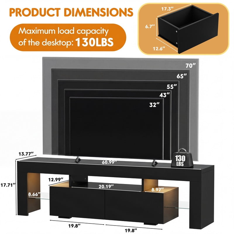 Lacoo 70" LED TV Stand for 70 Inch TV, Modern Media Console with 2 Extra Deep Drawers and RGB Light Strip, Gaming Entertainment Center with Open Glass Shelves