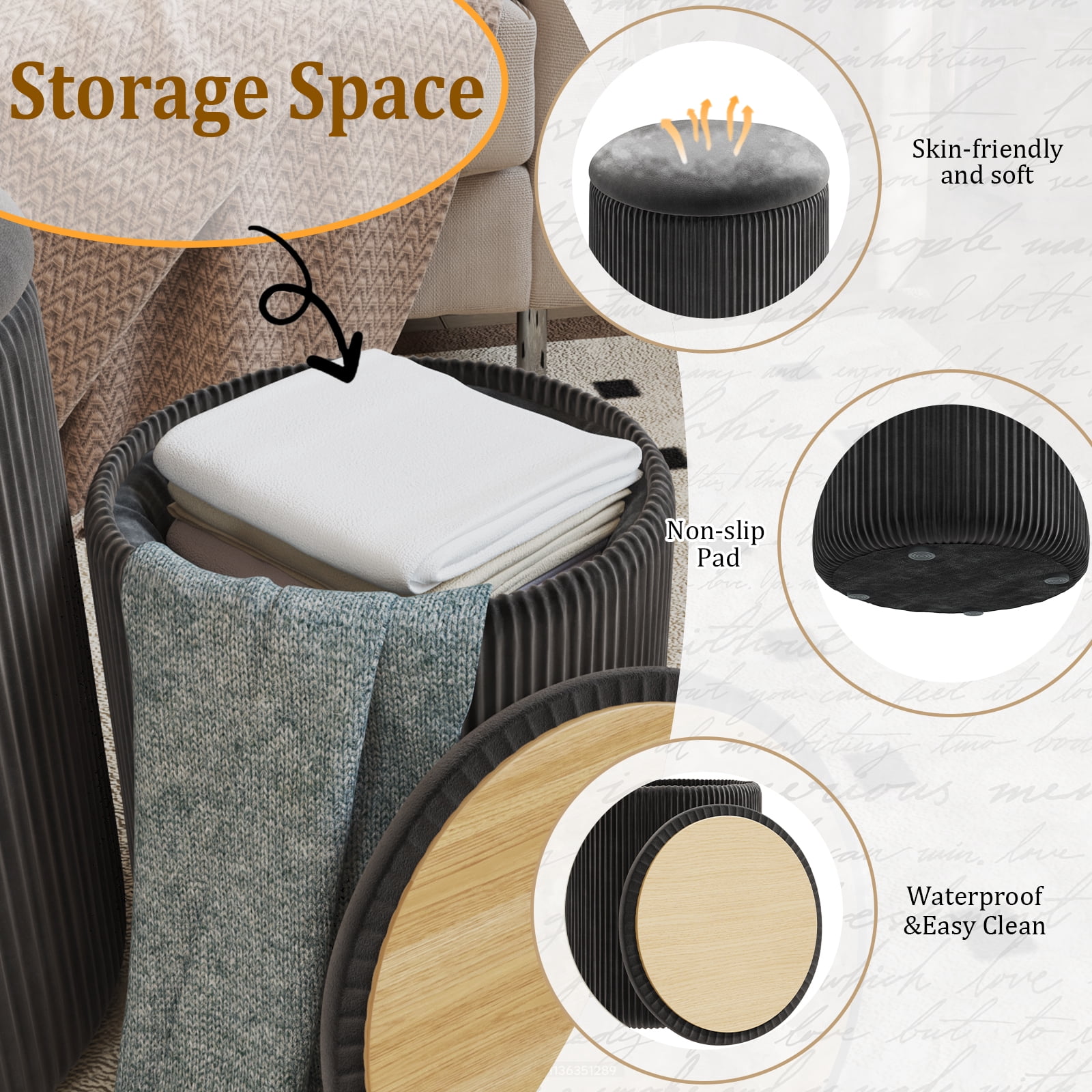 Waleaf Round Ottoman Foot Stool with Storage Set of 2, Upholstered Velvet Vanity Stool for Living Room & Bedroom, Black