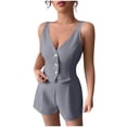 thumbnail image 2 of TEAJOPSUU Women Summer 2 Piece Outfits Sleeveless V Neck Button Down Spaghetti Strap Crop Vest Tops High Waisted Pleated Shorts Sets Casual Matching Sets Gray, 2 of 5
