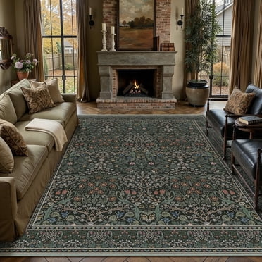 BERTHMEER 8'x10' Large Area Rugs for Living Room Bedroom Dining Room Office Non Slip Washable Farmhouse Oriental Vintage Floral Distressed Rugs Carpets, Deep Green
