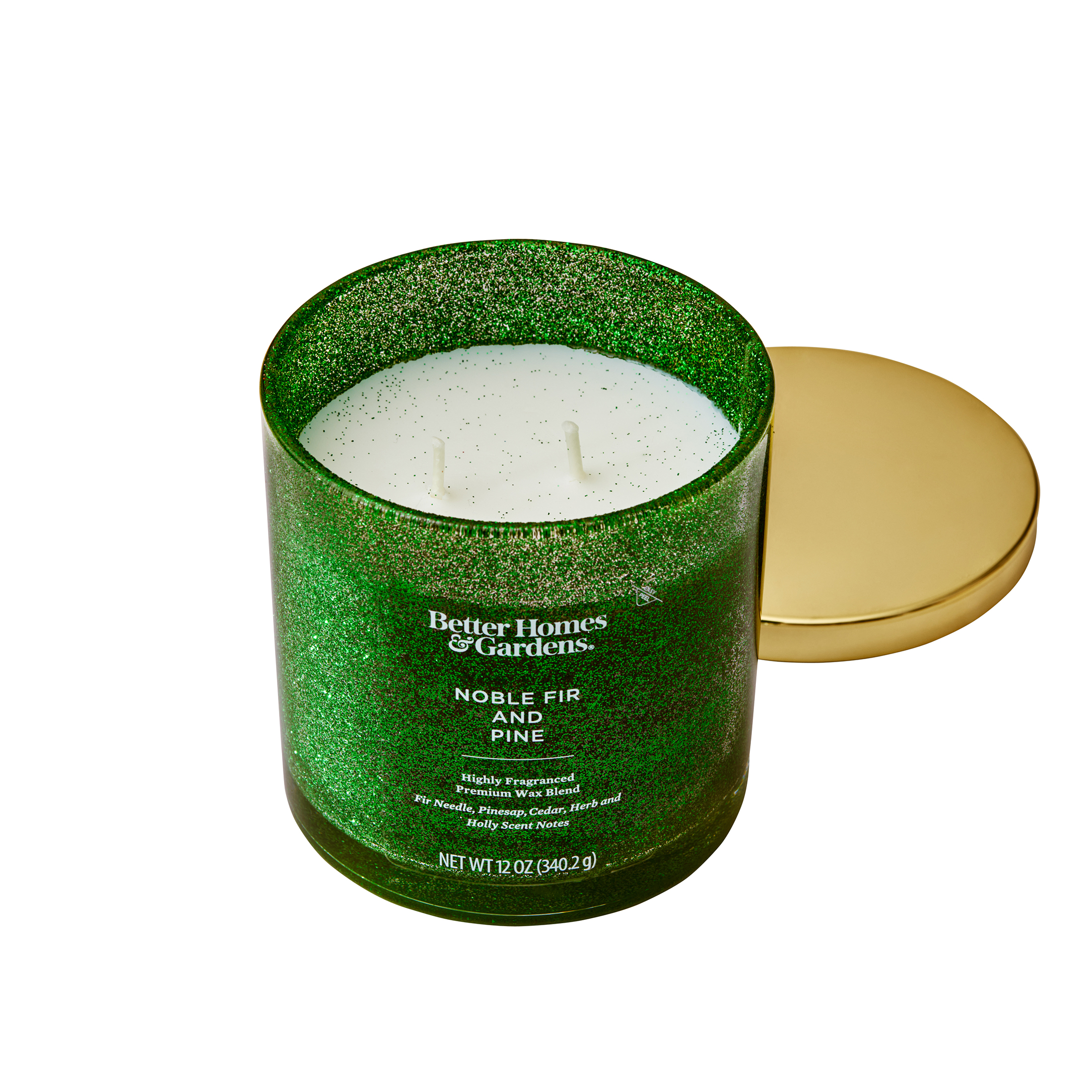 Better Homes & Gardens Noble Fir & Pine Scented 2 Wick Glitter 12oz Jar Candle