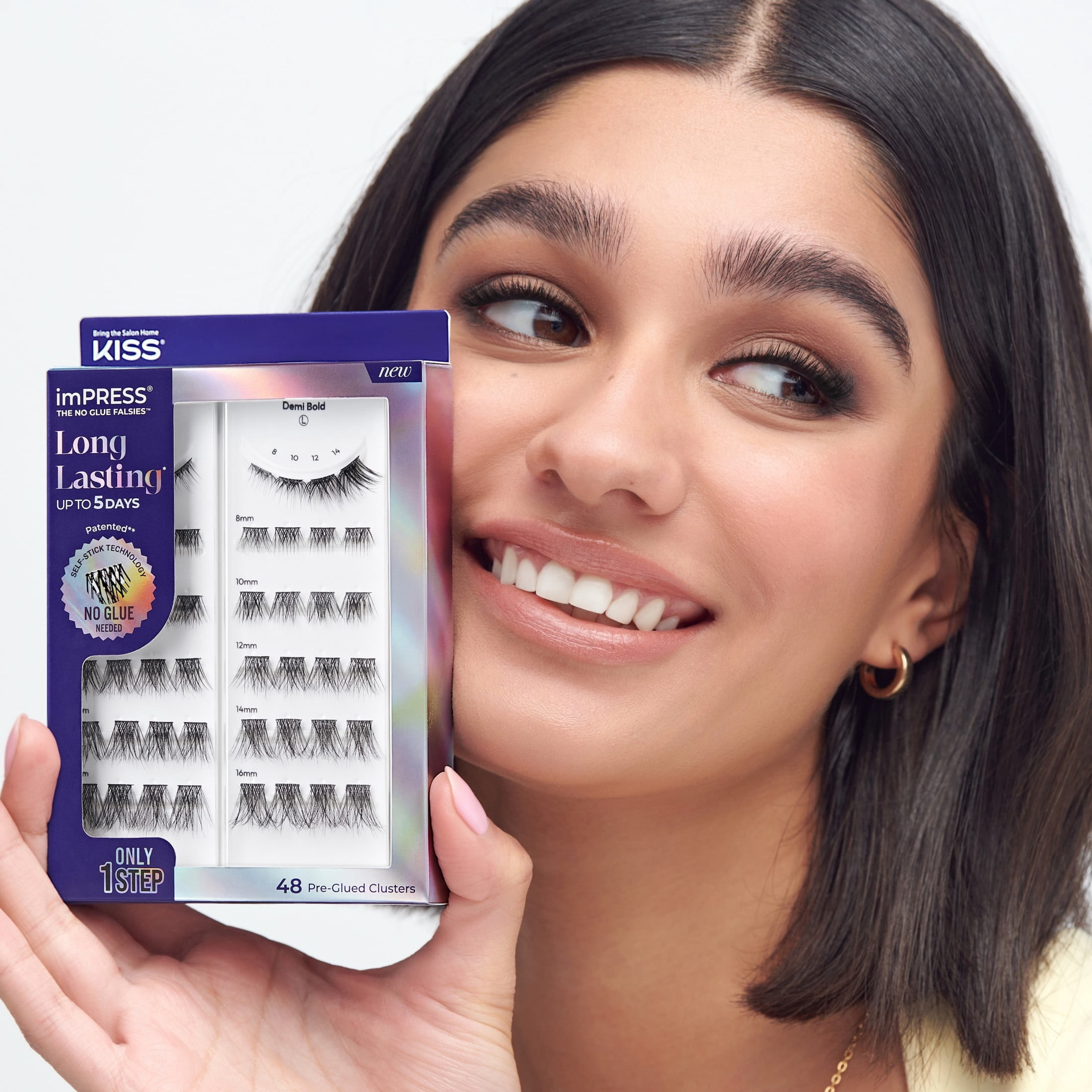 KISS imPRESS Long Lasting Pre-Glued Lash Clusters Kit, Demi Bold, 48 Self Adhesive Eyelashes