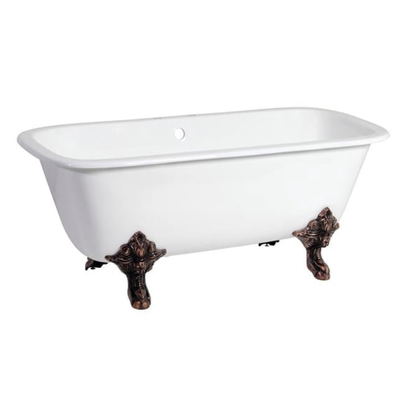 Traditional 67 in. Cast Iron Dbl Slipper Clawfoot Tub with 7 in. Faucet Drillings & Feet - White & Oil Rubbed Bronze