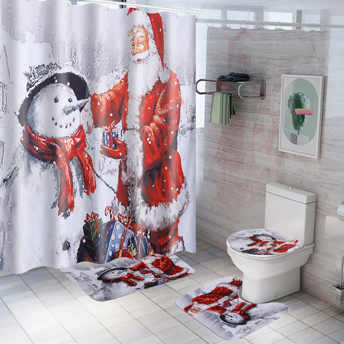 4Pcs Bathroom Santa Claus Shower Curtain Non Slip Lid Toilet Cover Rugs Mat Set