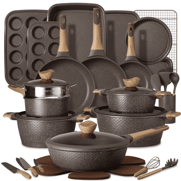 Carote 40-Piece Nonstick Pots and Pans, Granite Cookware Set with Bakeware & Knives, Brown