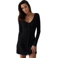 thumbnail image 2 of Women Deep V Neck Button Front Knit Mini Dress Elegant Long Sleeve Ribbed Flowy Hem A-Line Short Dresses, 2 of 9