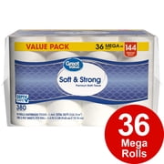 Great Value Soft & Strong Premium Toilet Paper, 36 Mega Rolls, 380 Sheets per Roll