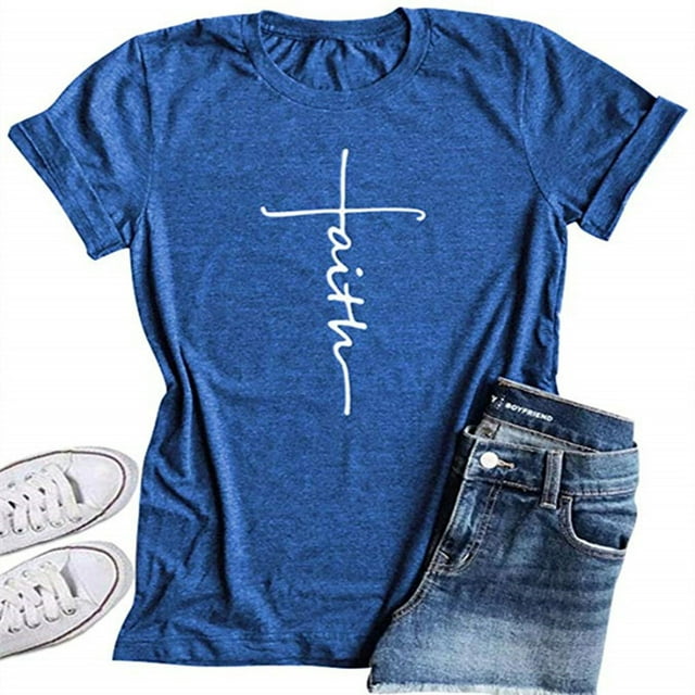 T-Shirt pour Femme à Col Rond, Manches Courtes, Blouse Décontractée à Lettres, Haut d'Été, Tee, Haut, Bleu, G