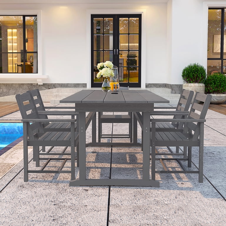 gray rectangular patio table with umbrella Sophia & William for 6, Metal Dining Table w/ Hole and entertaining Outdoor Table With Hole For