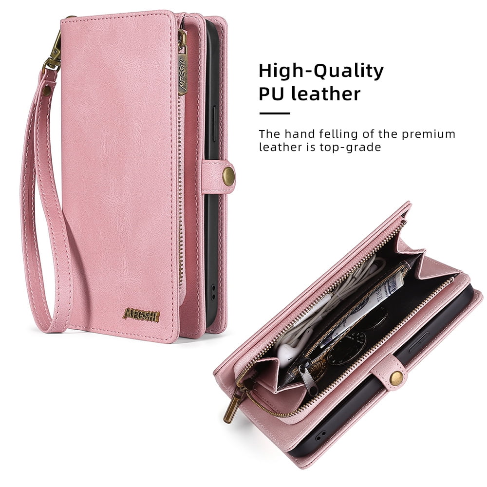 Allytech Case for Samsung S22 Cover for Galaxy S22 2022(6.1"), Durable PU Leather Magnetic Flip Lanyard Wristlet Strap Zipper Card Holder Phone Wallet Case for Galaxy S22 [5G], Pink