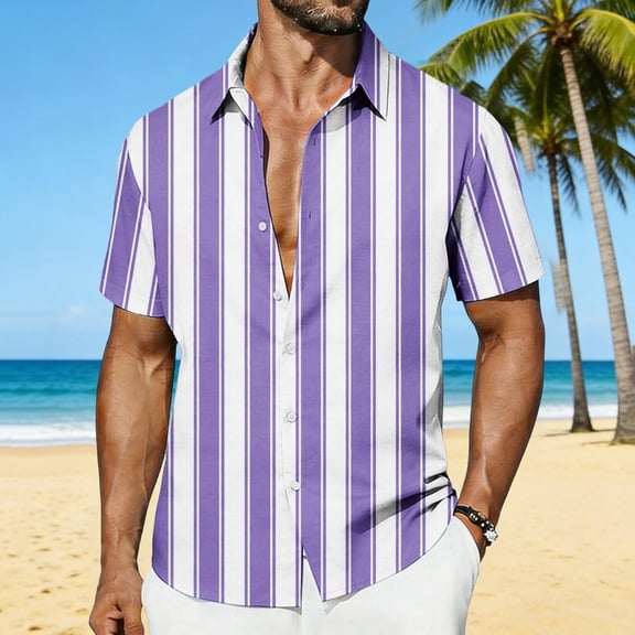 Ynynloco Men's Short Sleeve Button Down Striped Print Shirts Cotton Beach Summer Hawaiian Top
