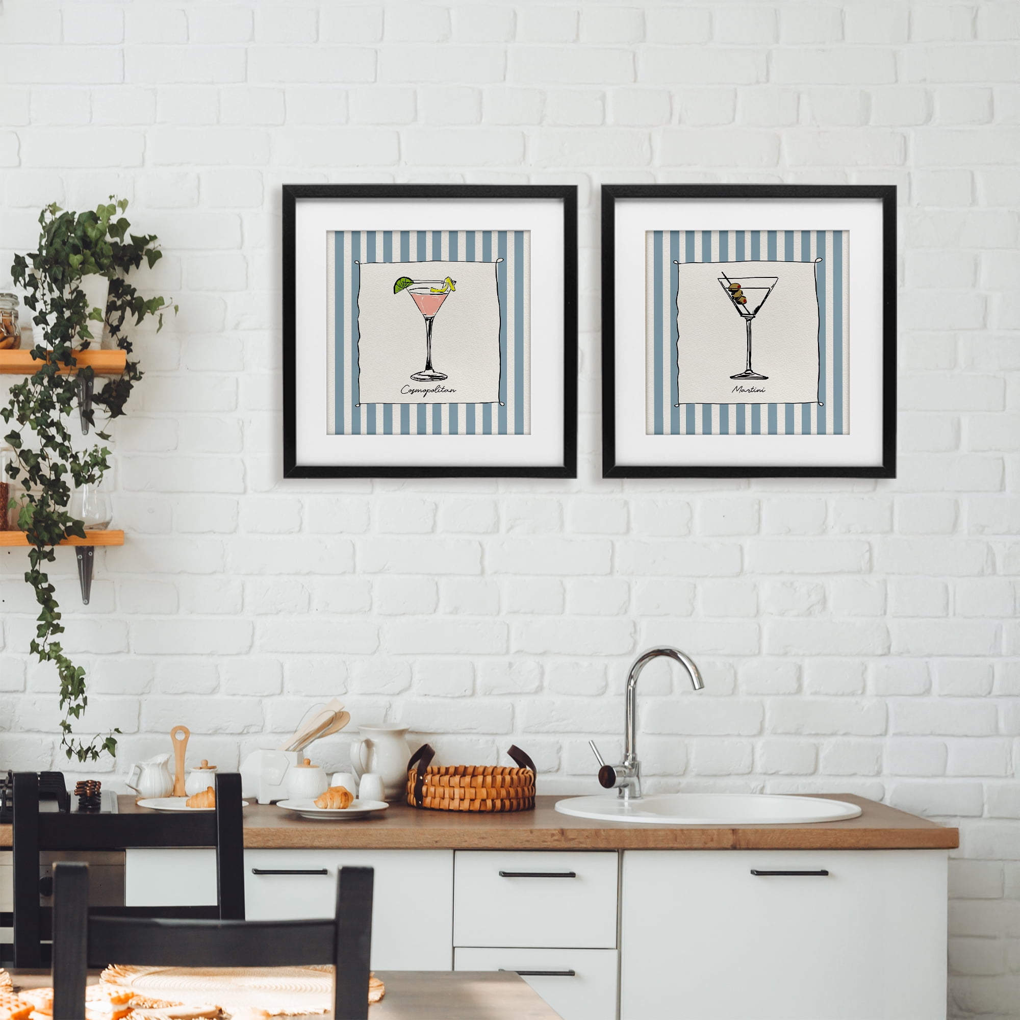 Stupell Industries Summer Drinks on Stripes 2 Piece Black Framed Print Under Glass Set, design by Susan Jill