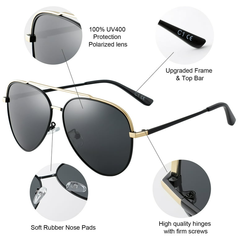 Polarized Rectangular Aviator Sunglasses for Men in Shiny Black / Solid Grey - Circle Sunglasses - Eyewear for Driving UV 400 Protection
