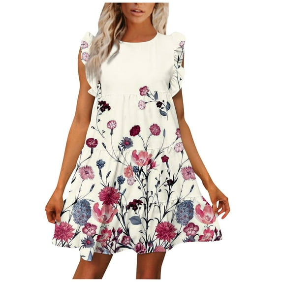 Pop Seller Women's Round Neck Casual Short Sleeve Ruffle-Trim Summer Mini Dresses Beige L